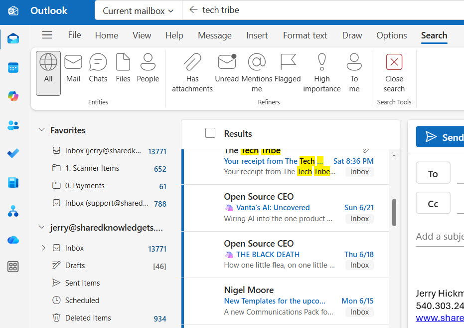 Email search box with a sender's name typed in, showing all their messages in the results