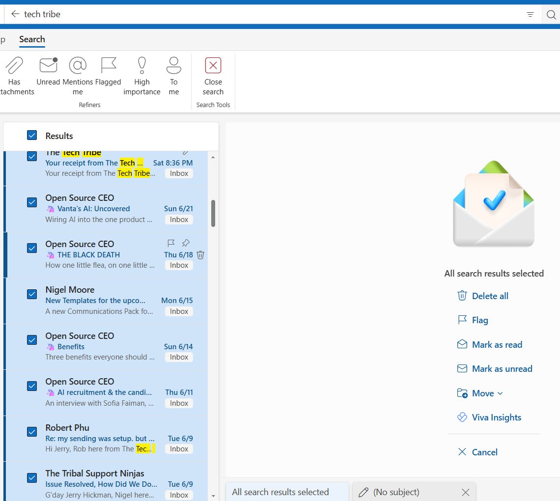 The Select all checkbox at the top of an email list with the whole batch selected