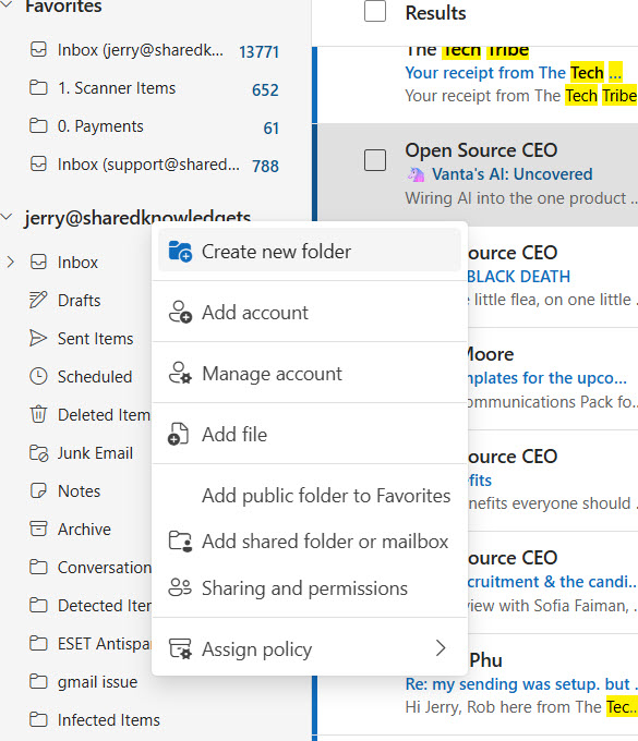 Creating a new folder or label in the left-side list of an email program