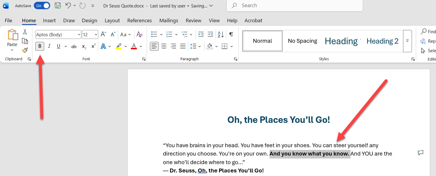 Sample sentence with bold formatting applied in Microsoft Word