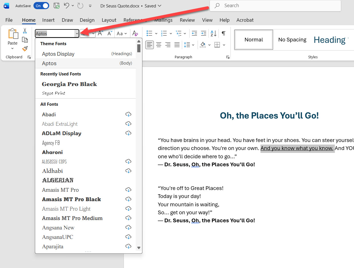 Font dropdown opened in Microsoft Word showing a list of available fonts