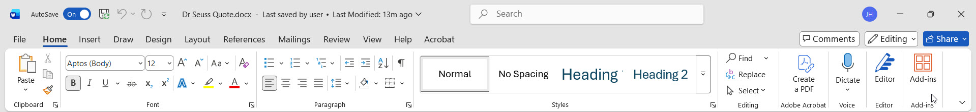 The Home tab of Microsoft Word's ribbon showing Font group with Bold, Italic, Underline buttons