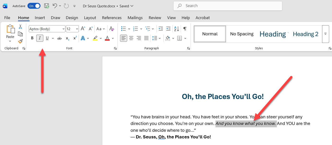 Sample sentence with italic formatting applied in Microsoft Word