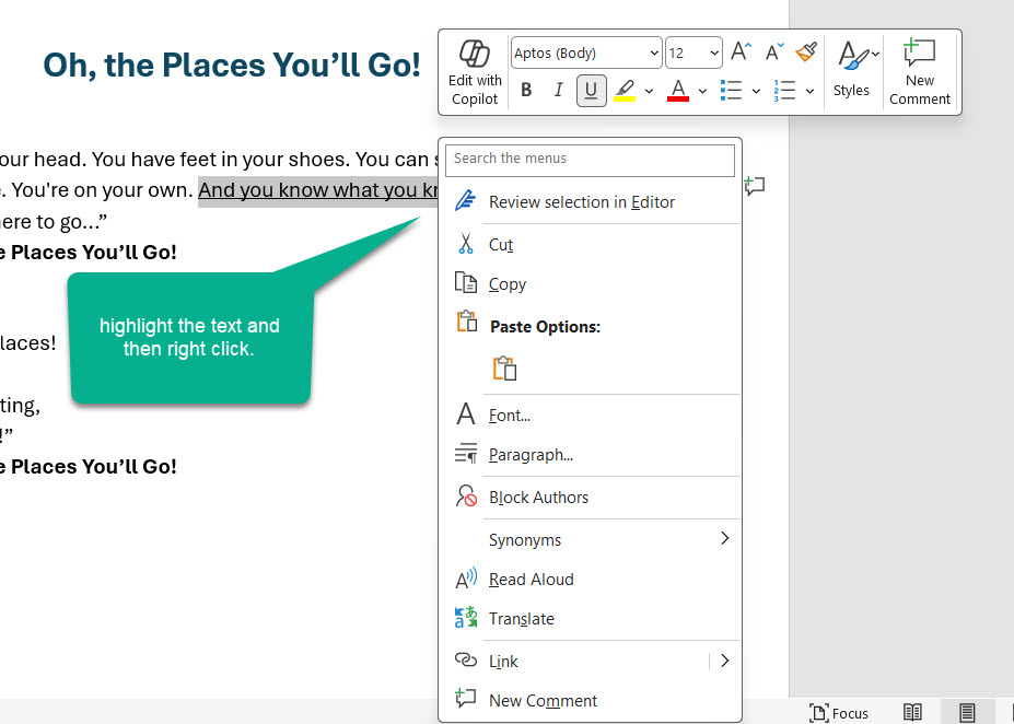 Right-click context menu on selected text in Microsoft Word showing Cut, Copy, Paste options