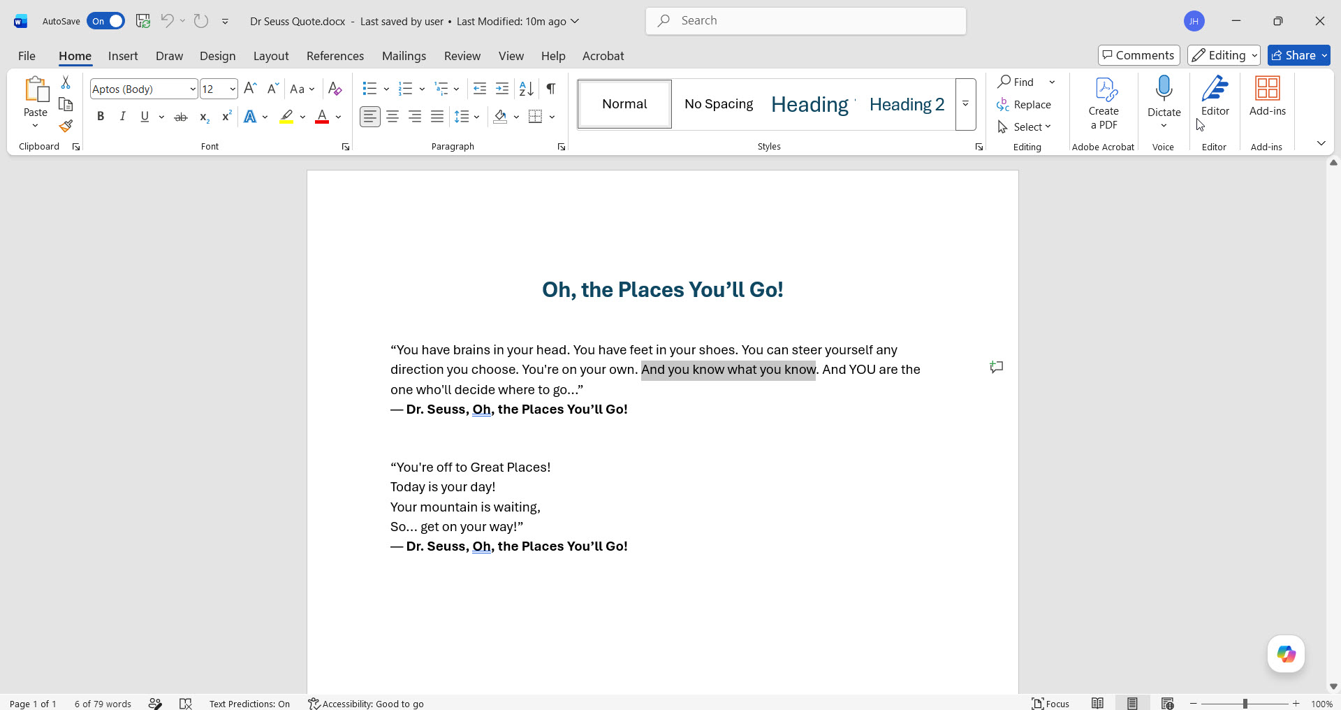 A sentence selected in Microsoft Word, highlighted in blue