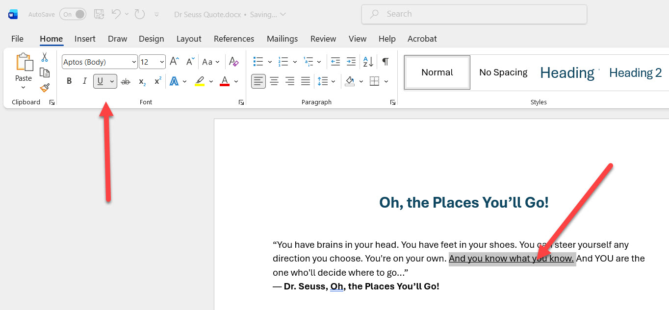 Sample sentence with underline formatting applied in Microsoft Word
