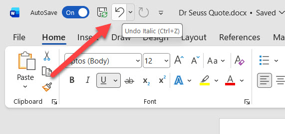 Microsoft Word's Quick Access Toolbar showing the Undo arrow button