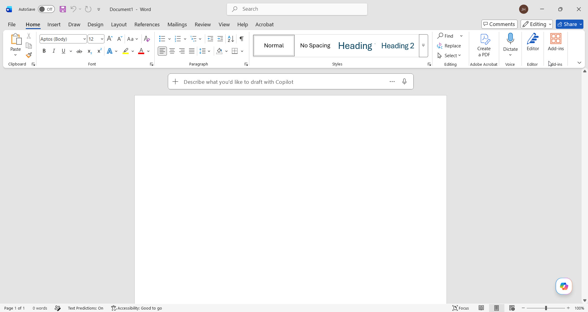 A blank new Microsoft Word document, mostly empty page