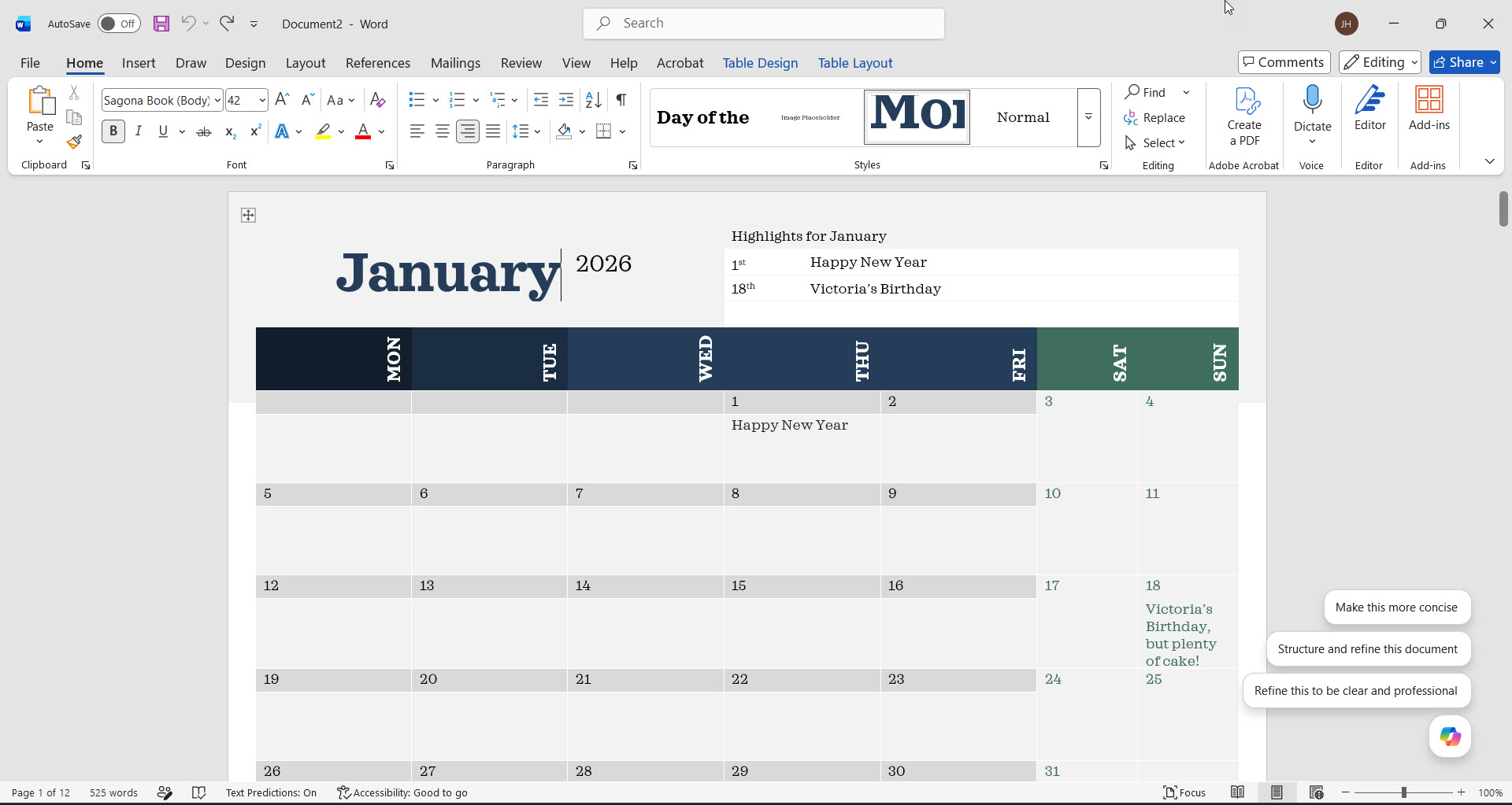 A Microsoft Word document opened from a calendar template