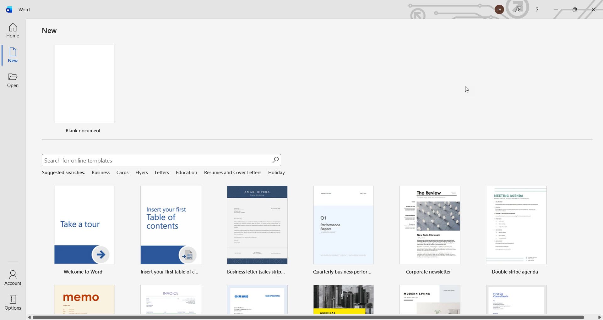 Microsoft Word template gallery showing resume, calendar, invoice, flyer and other template thumbnails