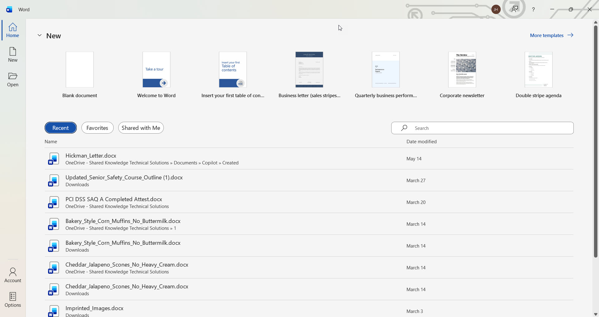 Microsoft Word Home screen with Blank document and template tiles visible