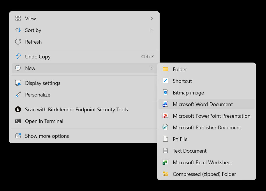 Windows desktop right-click menu showing the New cascade with Microsoft Word Document highlighted