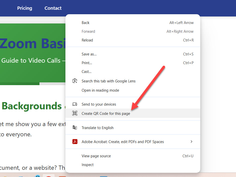 Chrome browser right-click menu showing the Create QR code for this page option